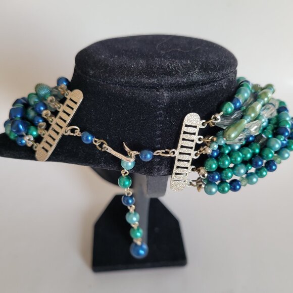 Japan Vintage Plastic Bead Multi Strand Necklace Cluster Earrings Set Blue Green - Picture 5 of 8
